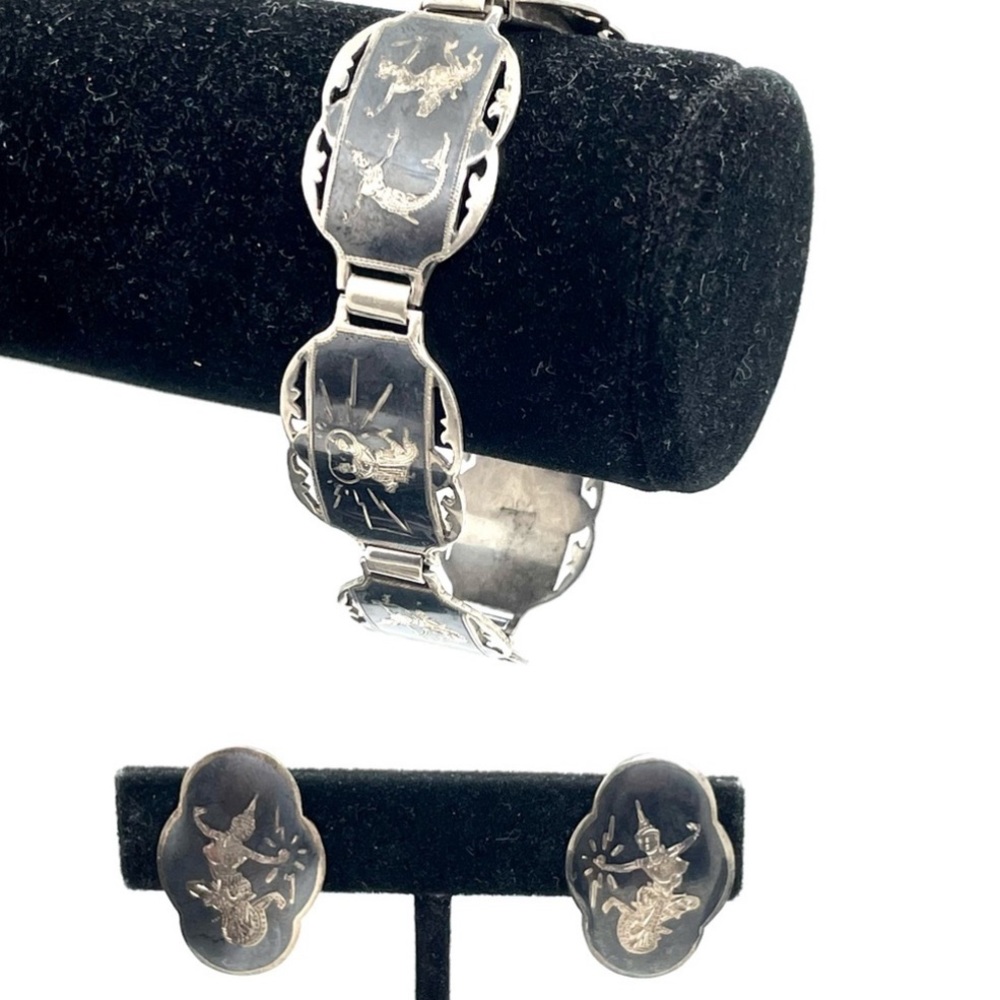 Sterling Siam Niello Bracelet and Earrings